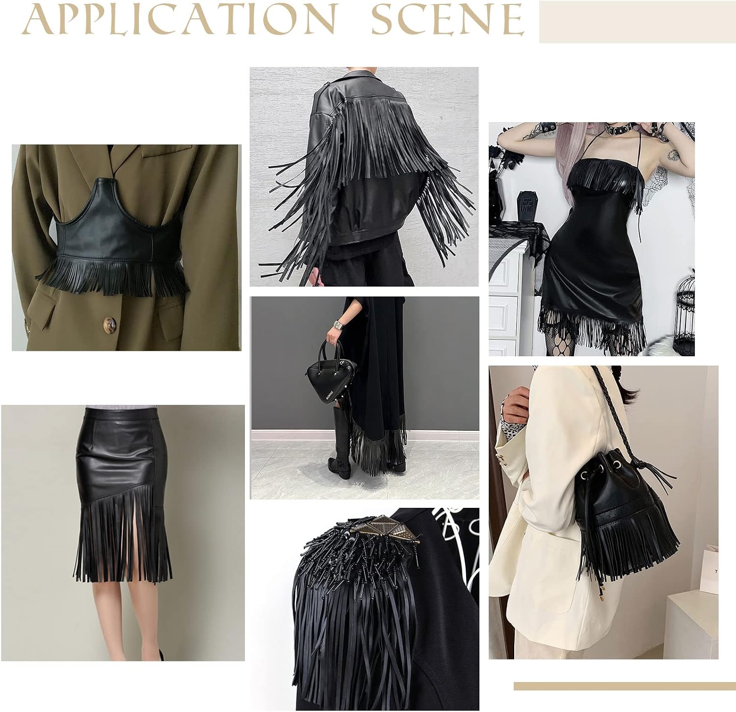PH PandaHall 3 Yards Leather Fringe Trim, 7.8~9.8 Inch PU Leather Tassels Black Tassel Trim DIY Dance Skirt Tassel Fringe Wrap Cover for Keychain Clothes Dress DIY Lamp Shade Bag Sewing Embellishment