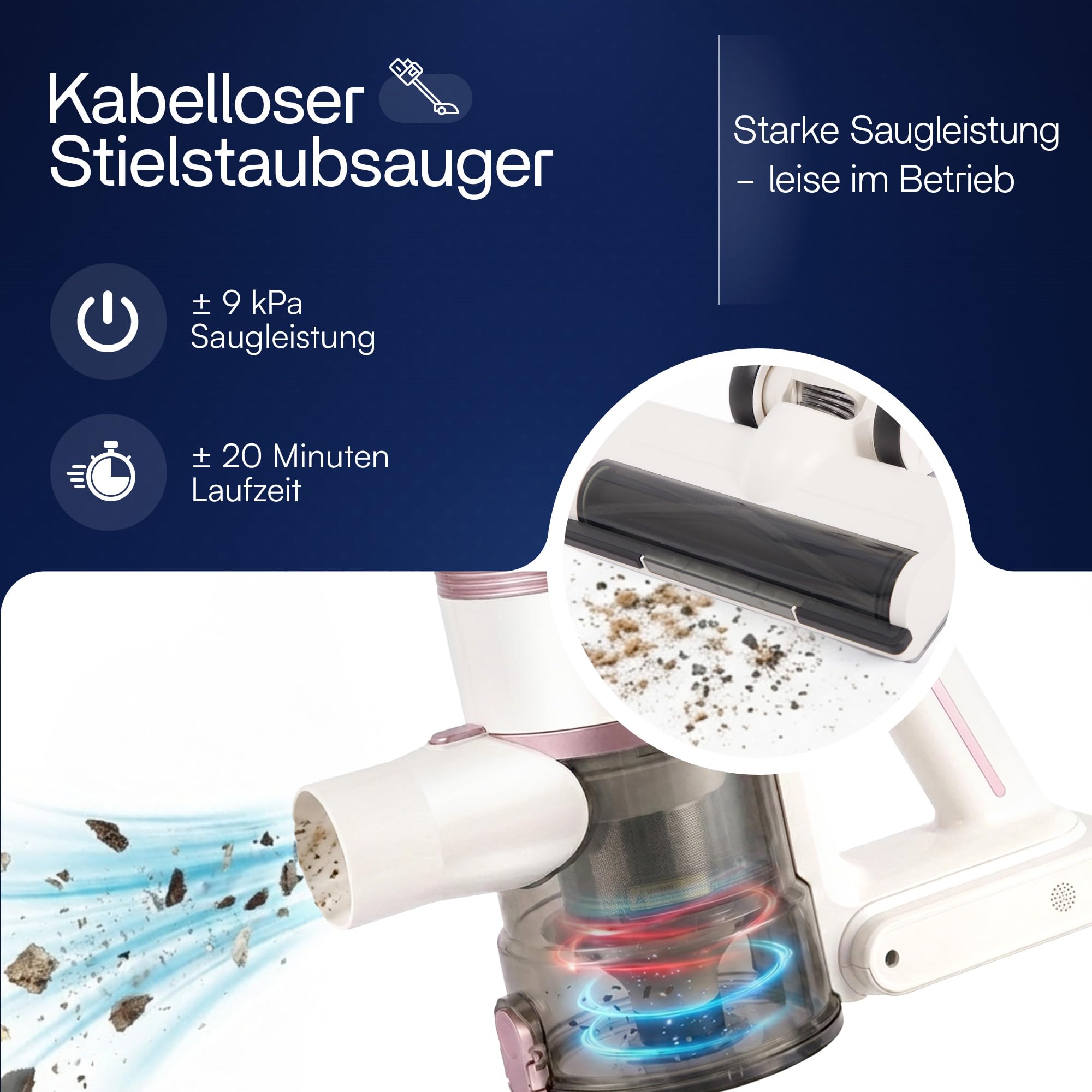 VANJOOL® Akku Staubsauger Kabellos 250W – 9 kPa Stielstaubsauger & Handstaubsauger – Beutelloser Staubsauger mit Wandhalterung – LED-Beleuchtung – 2 Saugstufen – 3 Aufsätze - Weiß / Rosa