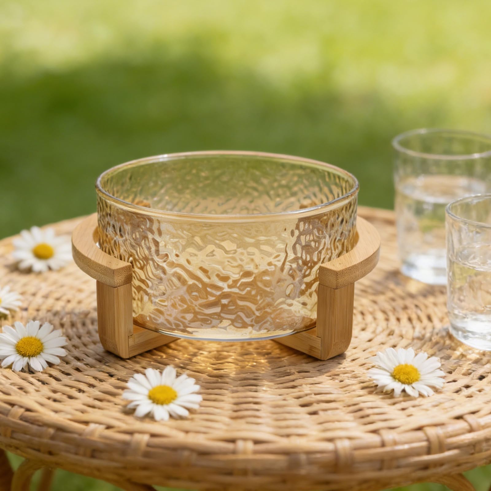 Bol para Ensalada de Vidrio con Efecto Ondas de Agua y Base de Bambú Dorado, Elegante y Resistente, Adecuado para Picnics y Mesa de Comedor