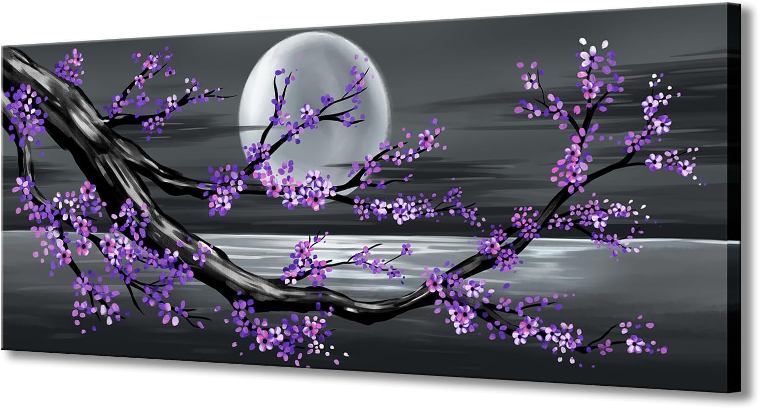 KLVOS Framed Abstract Tree Painting Cherry Blossom Purple Flower Canvas Art for Modern Home Wall Decoration Giclee Prints on Canvas Stretched Ready to Hang 20" W x 48" L (Purple)