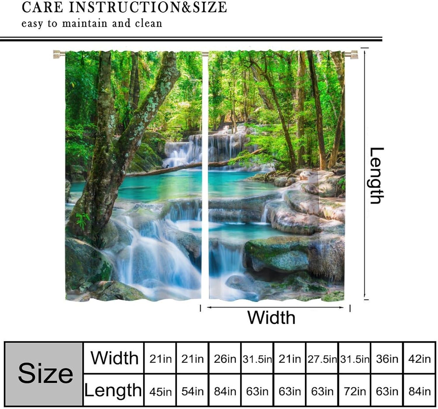 Nature Waterfall Blackout Curtains，Jungle Forest Stream River Outdoor Spring Natural Scenery Pattern Drapes Window 2 Panel Rod Pocket Curtain for Bedroom Living Room Decor 21" W X 45" L