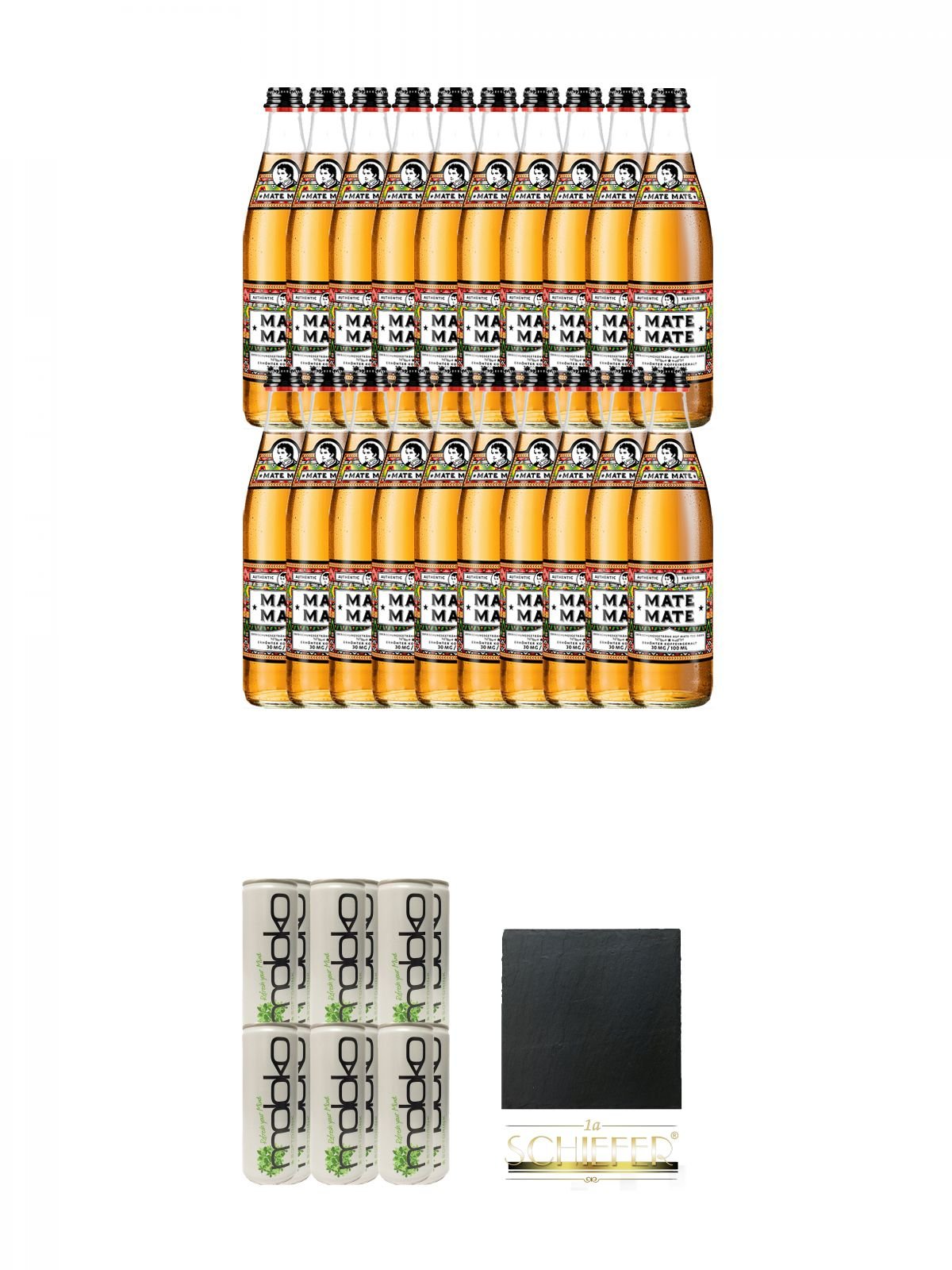 Thomas Henry Mate Mate 20 x 0,5 Liter + Moloko Softdrink 12 x 0,25 Liter + Schiefer Glasuntersetzer eckig ca. 9,5 cm Durchmesser