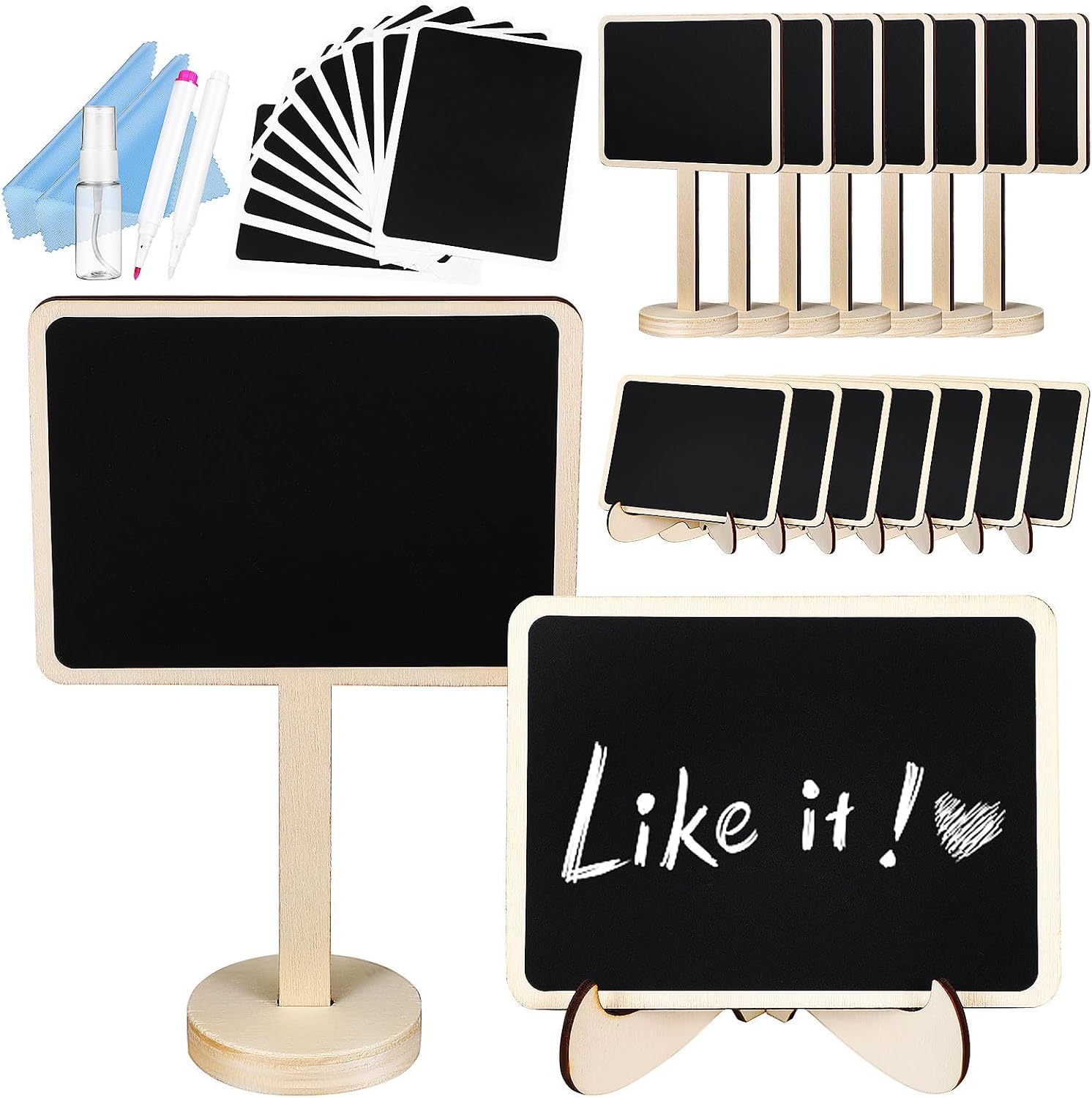Mini Wood Chalkboard Signs Black Reusable Tabletop Set | Stable Stands for Small Menus and Table Numbers, Includes Pens, Cloths, Stickers, Random Color