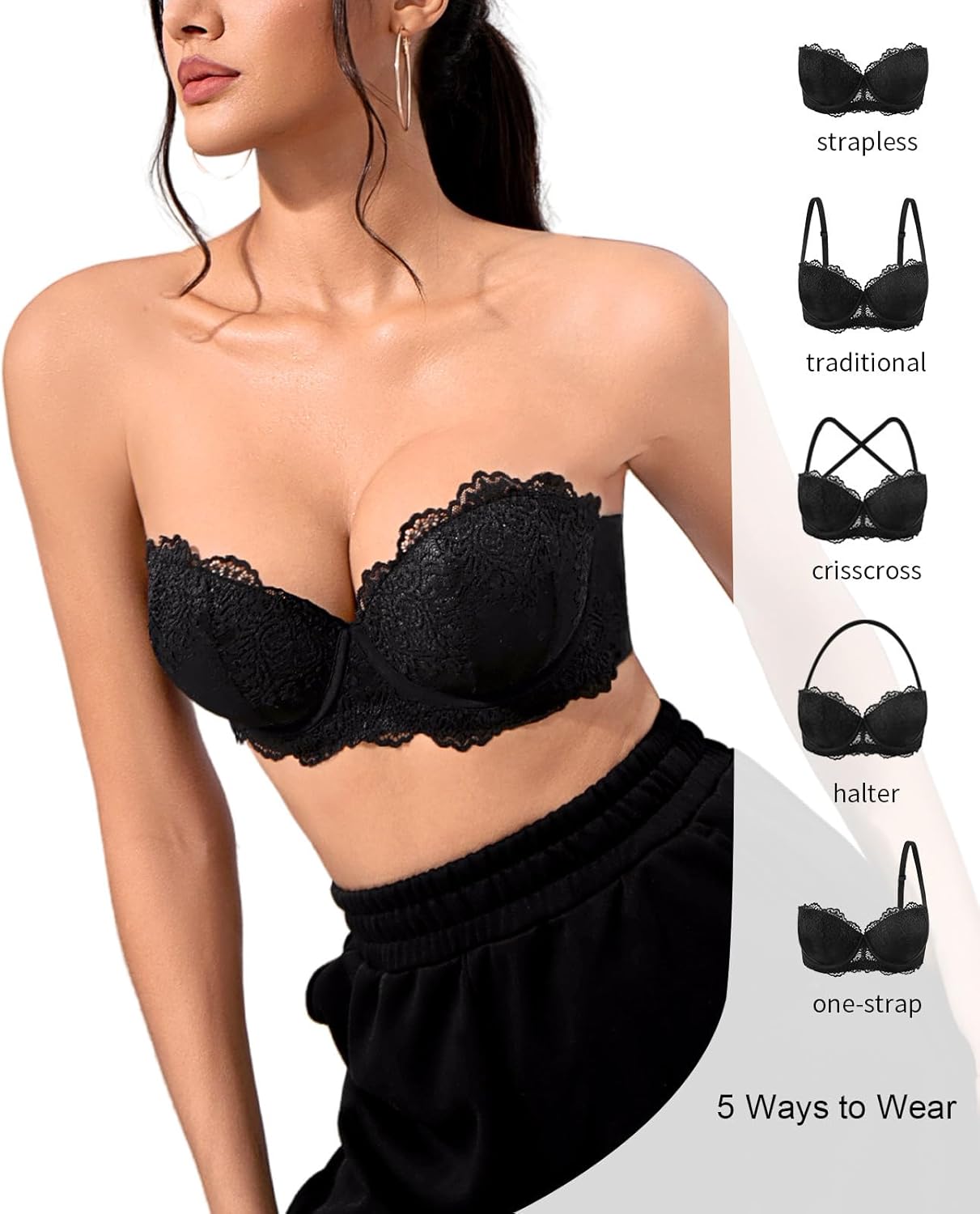 Women's Strapless Push Up Bra Convertible Multiway Lace Padded Underwire Bras with Clear Straps - Image 3