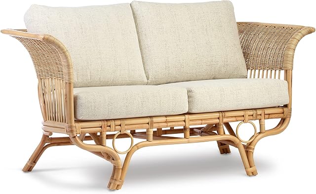 Desser Beijing Indoor Rattan Cane 2 Seater Sofa  Fully Assembled  Luxury Real Cane Wicker Settee with UK Made Cushions  Athena Plain Fabric  H85cm x W153cm x D90cm