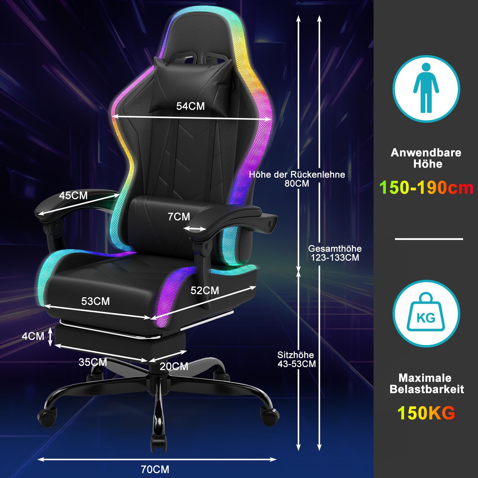 Devoko LED Gaming Stuhl – Ergonomischer Bürostuhl mit Massagefunktion & Teleskop-Fußstütze, Verstellbare Rückenlehne (90-135°), für Gamer bis 150 kg, Augenschonendes Design, Schwarz