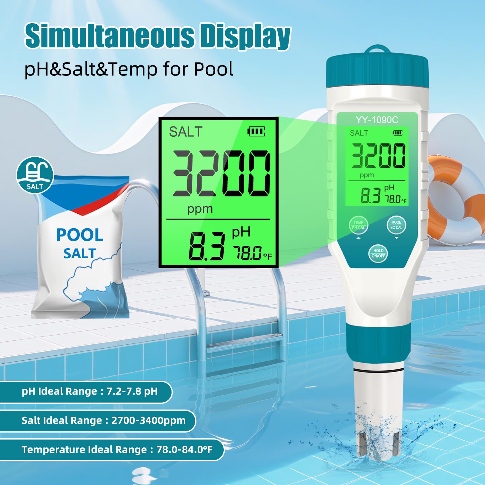 Medidor de pH para hidroponía y medidor de sal de spa - Medidor de pH, salinidad, TDS, EC y temperatura 5 en 1 con calibración de 12,88 mS/cm - Monitor de calidad del agua de piscina de agua salada