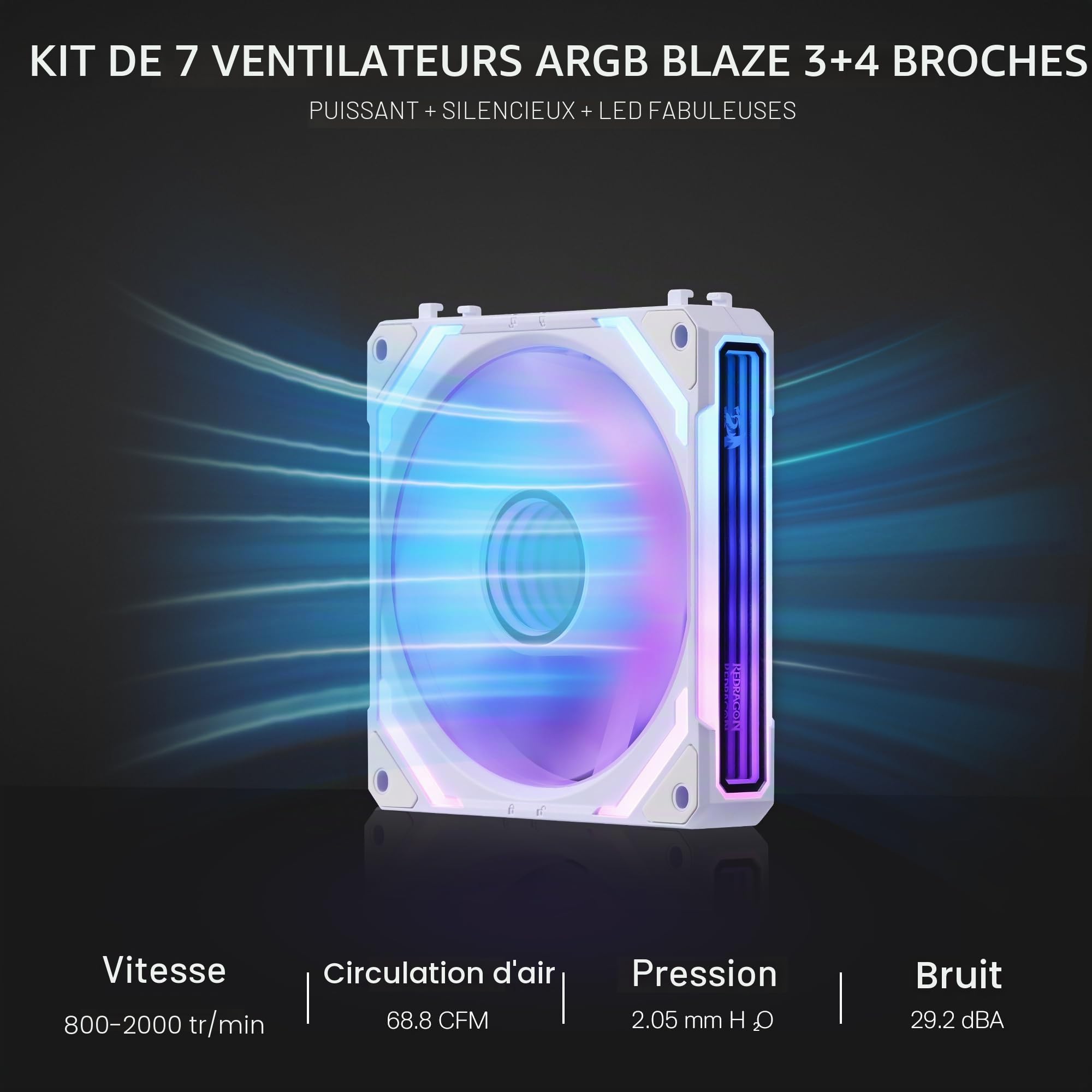 Redragon GCF012 Lot de 3 ventilateurs boîtier PC 120 mm, chaîne, éclairage ARGB 5 V 3 broches, ventilateur PWM 4 broches, refroidissement radiateur/boîtier
