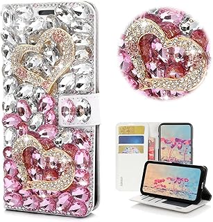 STENES Bling Wallet Phone Case Compatible with Moto G Play (2023) - Stylish - 3D Handmade Girls Women Crystal Heart Magnetic Wallet Stand Leather Cover Case - Pink