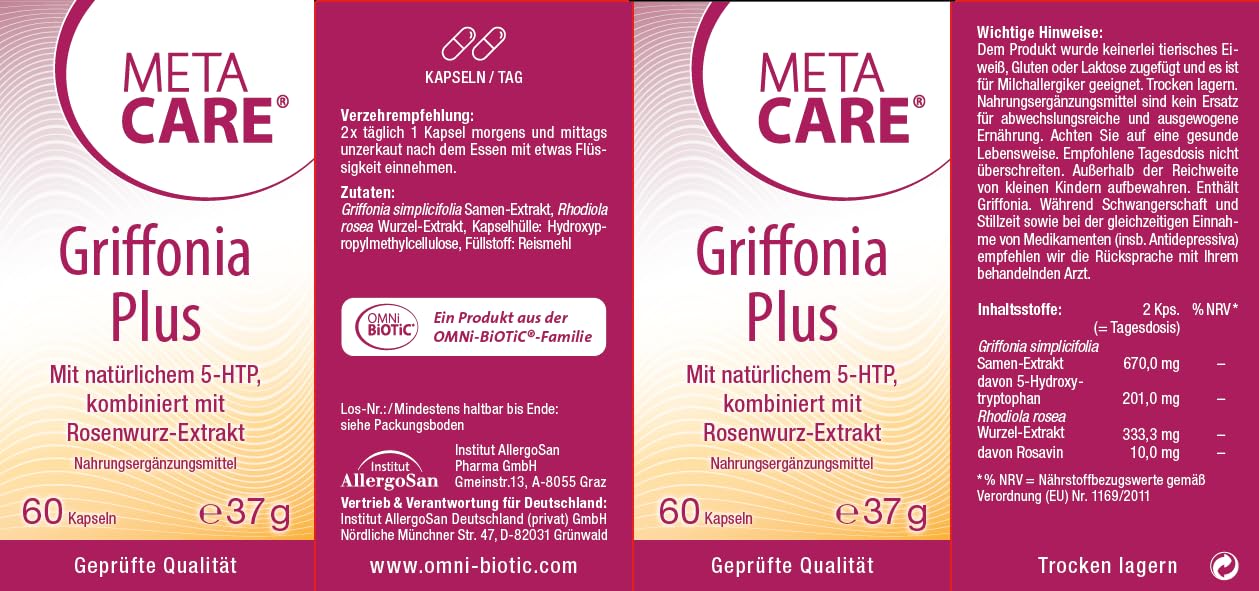 Griffonia Plus | Bewusst kombiniert mit Rosenwurz-Extrakt | 60 Kapseln | VEGAN
