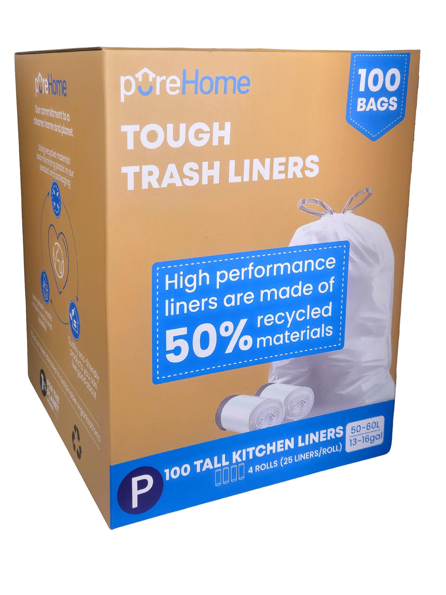 pureHome Code P: Robuste Müllbeutel (100 Stück) 50-60 Liter, weißer Kordelzug