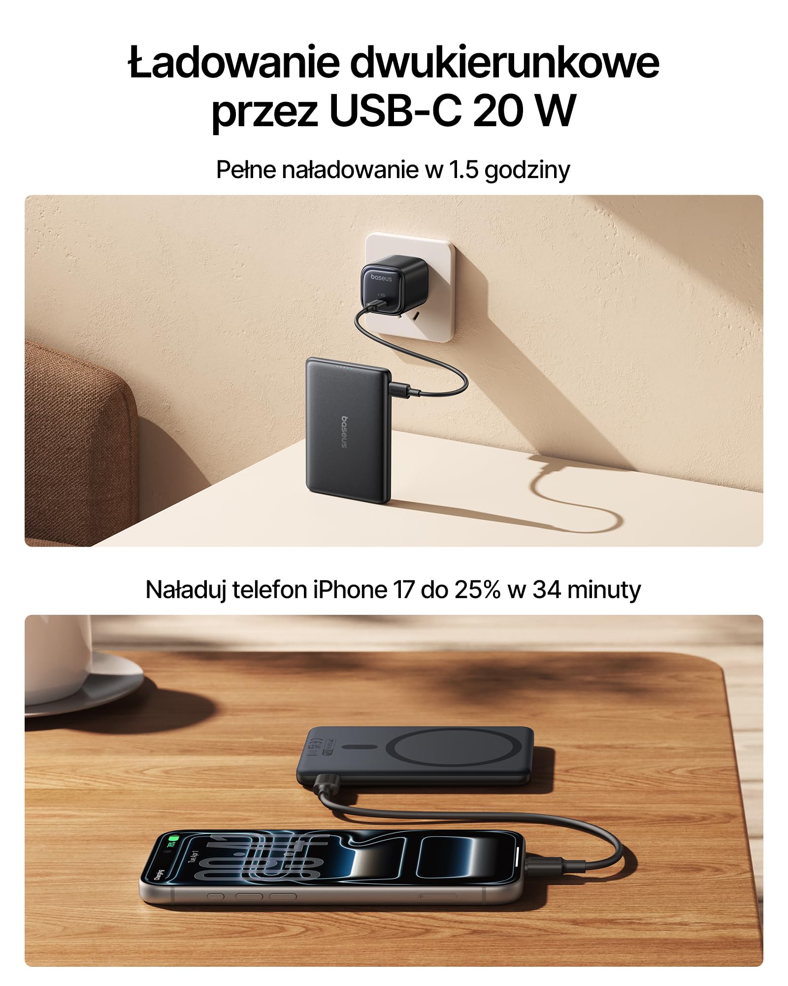 Baseus Picogo AM31 MagSafe Powerbank, Ultra Slim 20 W, szybkie ładowanie, magnetyczny powerbank, bezprzewodowa, zewnętrzna bateria z kablem USB C, przenośna ładowarka, do iPhone 17/16/15/14/13, czarna