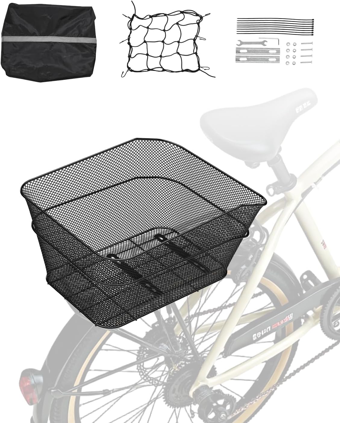 VEVOR Rear Bike Basket, Wire Mesh Bicycle Basket with Cargo Net & Waterproof Cover, Durable Metal Bike Back Basket, Fits Most Rear Bike Racks, Mounting Tools Included