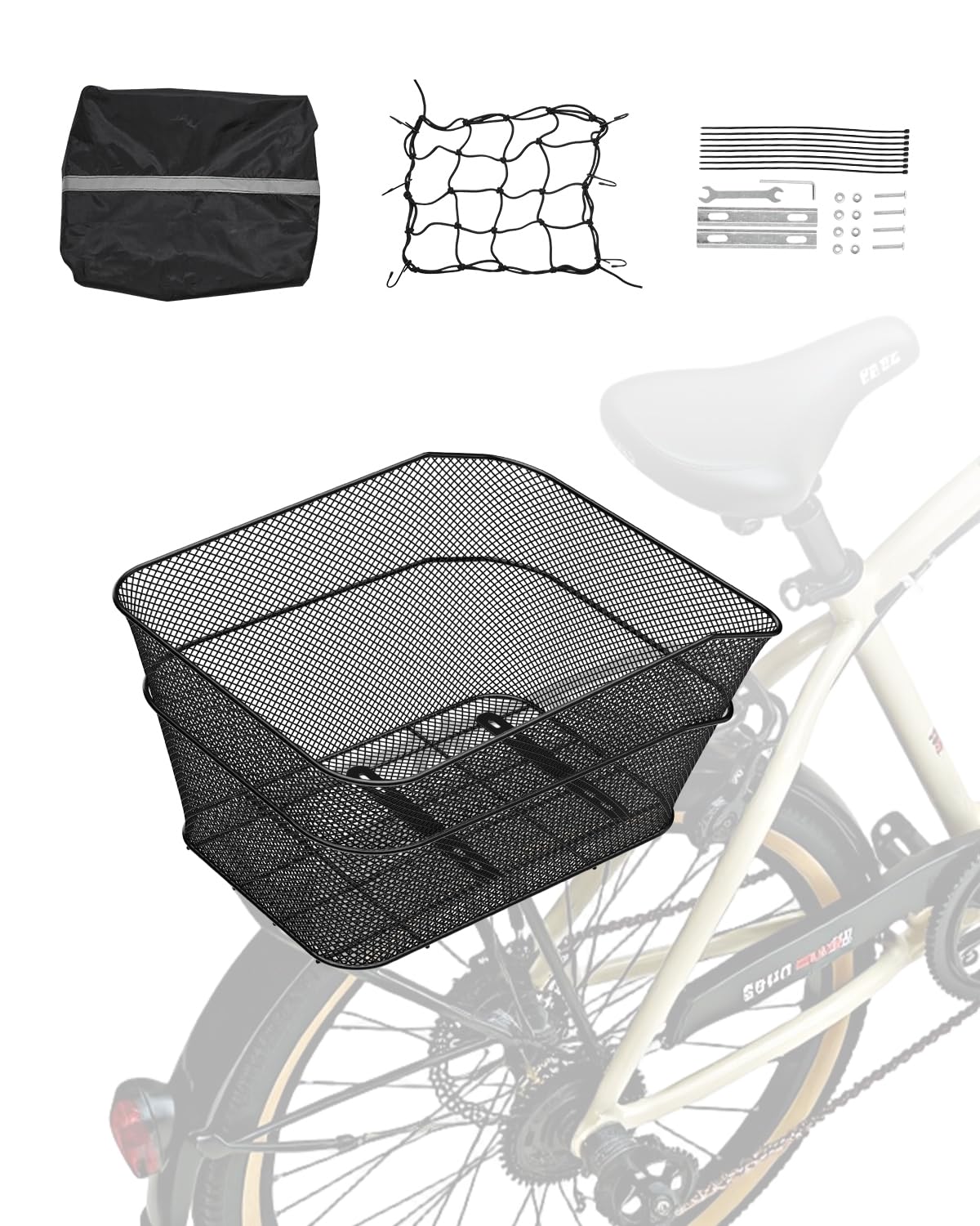 VEVOR Rear Bike Basket, Wire Mesh Bicycle Basket with Cargo Net & Waterproof Cover, Durable Metal Bike Back Basket, Fits Most Rear Bike Racks,