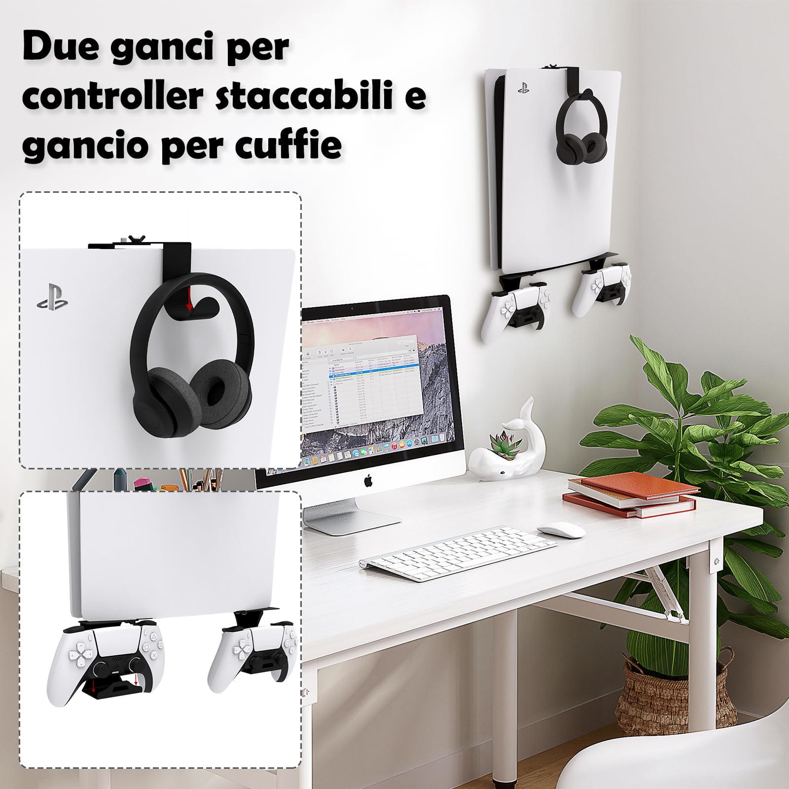 Supporto da parete per PS5/PS5 Slim/PS5 Pro con supporto per controller e supporto per cuffie, accessori in metallo solido per PS5 - Nero