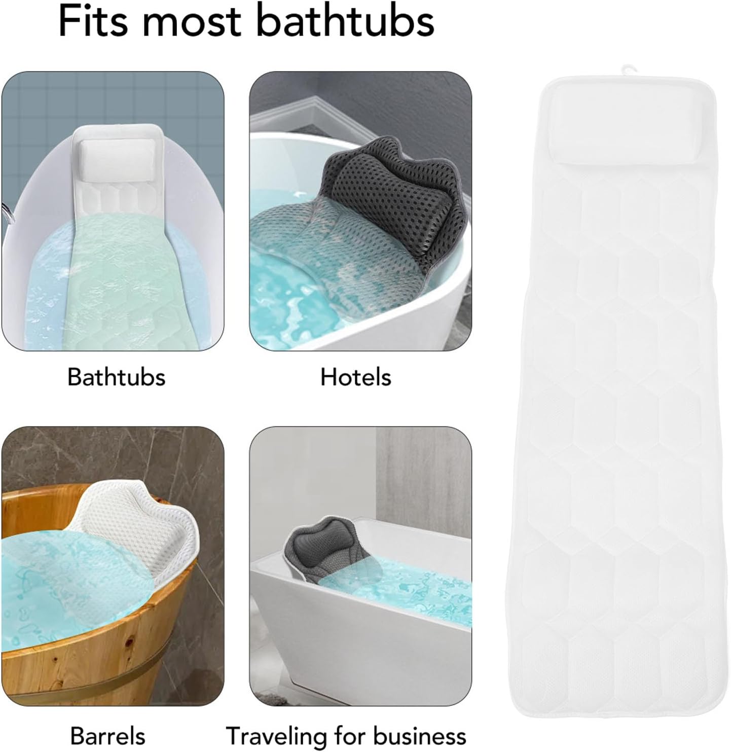 Bath Pillow for Bathtub, 50.2in Soft Spa Pillow with Back and Headrest Cushion, Hook, Suction Cup, Ergonomic Bathtub Pillow Non Slip Neck Support Pillow for Curved or Straight