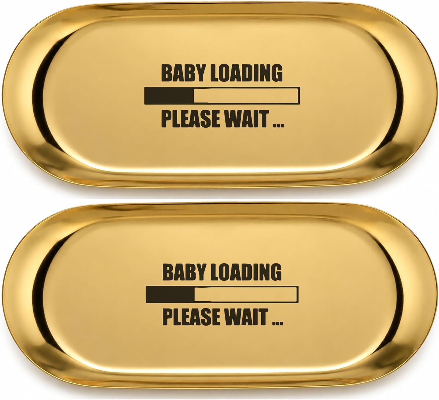 Pawpy Mate Baby Loading Please Wait Oval Gold Catchall Tray Set of 2, Stainless Steel, 7x3 Inch, Rust Resistant, Stackable, Modern Polished Vanity and Decorative Organizer