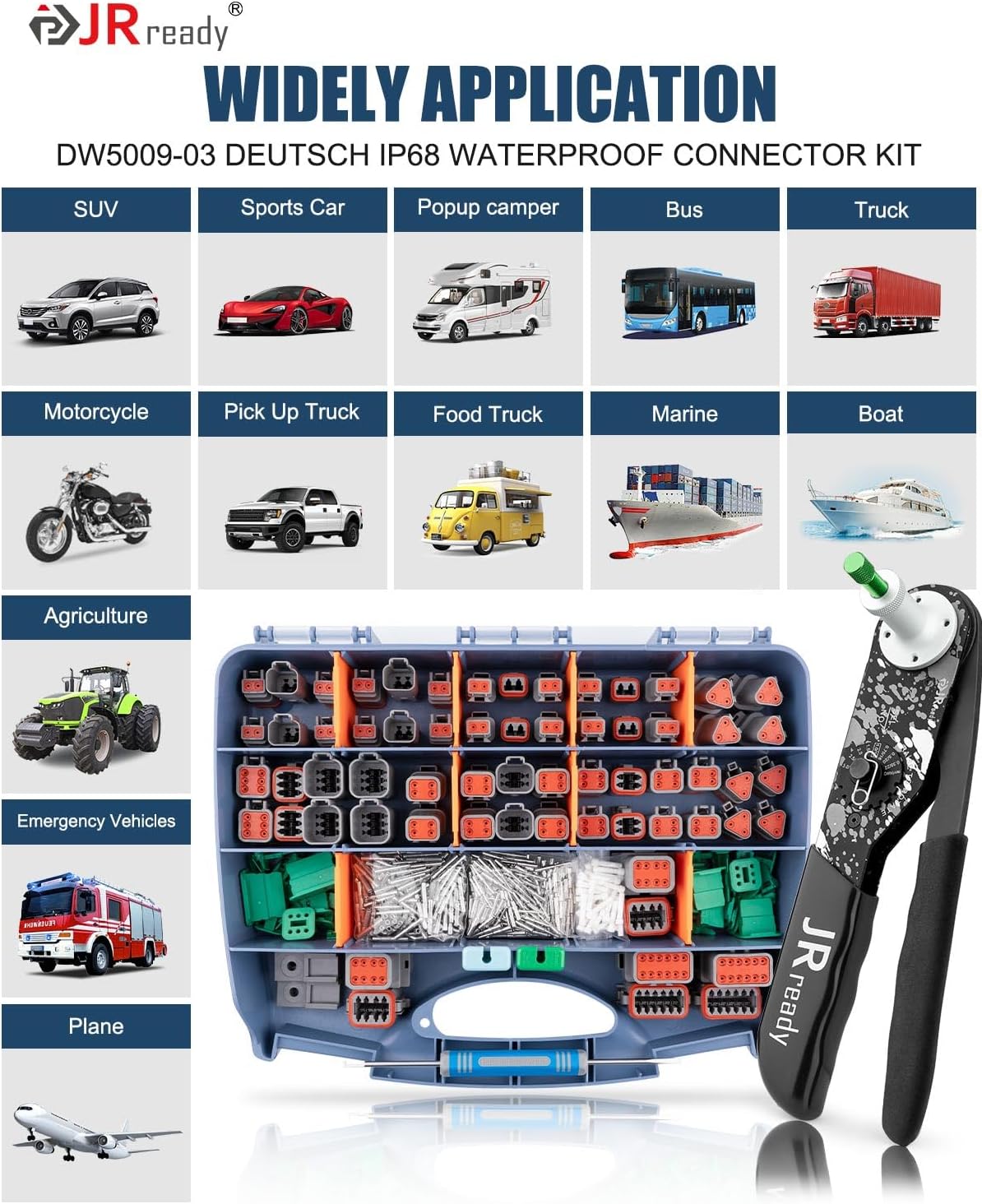 JRready Deutsch Connector Kit, 2 3 4 6 8 12 Pin Connectors with Deutsch Crimping Tool 12-22AWG, Automotive Close&Solid Barrel Contacts, and DT Connector Removal Tool DW5009-03