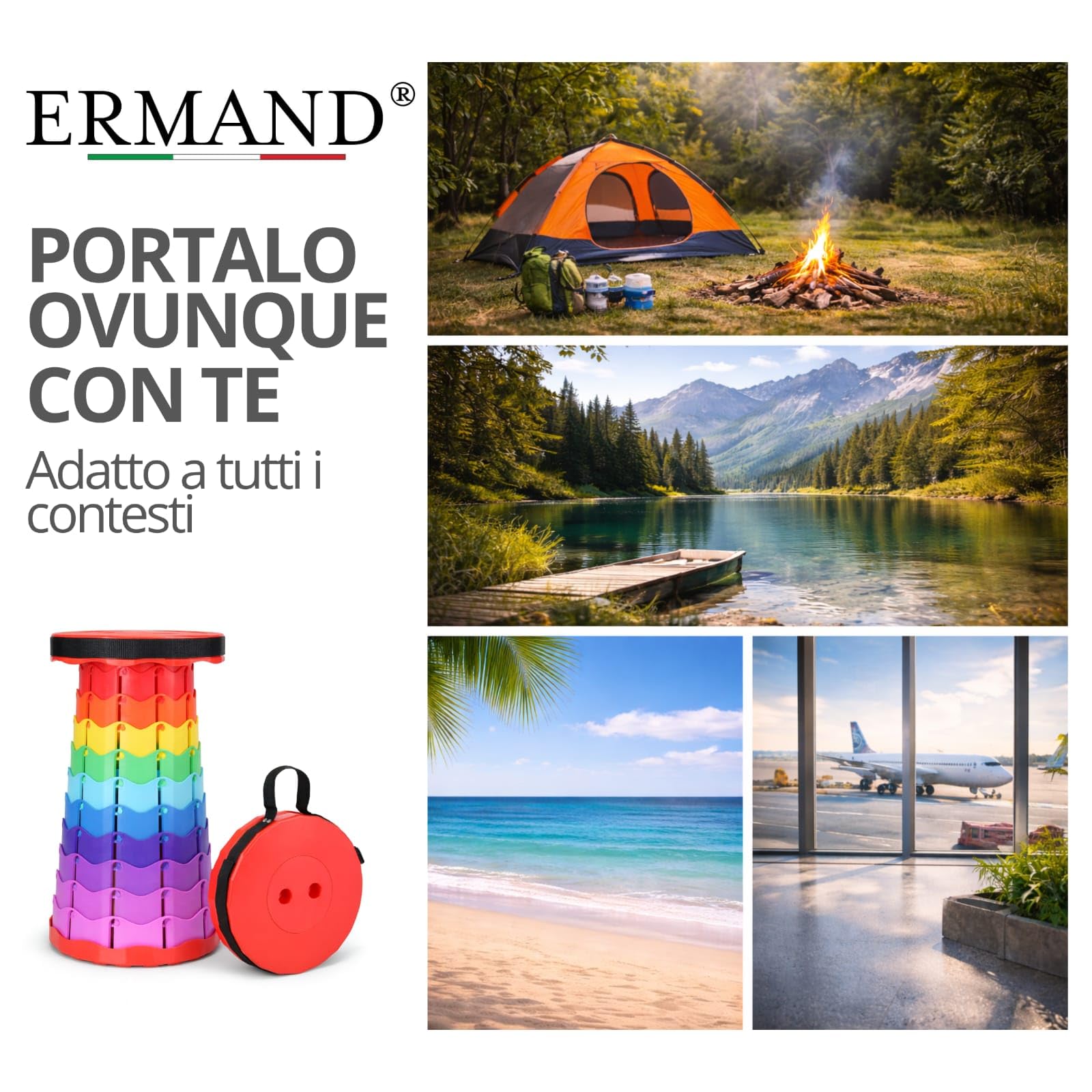 Ermand Sgabello Telescopico Portatile Pieghevole – Regolabile in Altezza – Leggero e Resistente fino a 180 kg – Sgabello per Campeggio, Pesca, Viaggi, Trekking, Outdoor