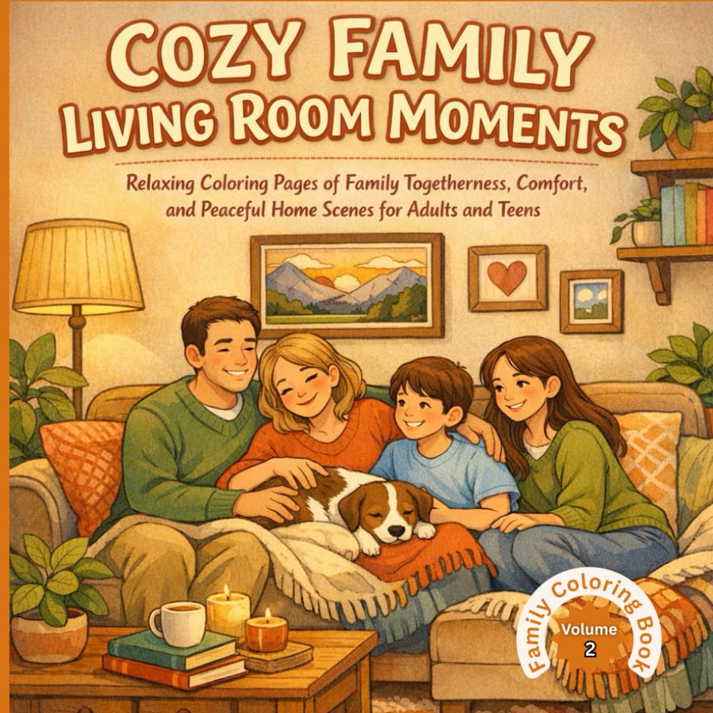 Cozy Family Living Room Moments: Relaxing Coloring Pages of Cozy Family Living Rooms, Home Bonding, and Peaceful Togetherness for Adults and Teens
