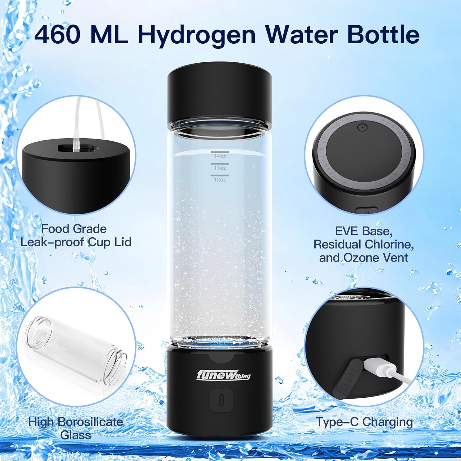 Hydrogen Water Bottle Generator, 2500ppb Portable Water Ionizer Machine with SPE/PEM Technology in 3-Minute Electrolysis, Rechargeable Hydrogen Rich Glass Cup for Home Office Travel & Fitness, Black - Image 6