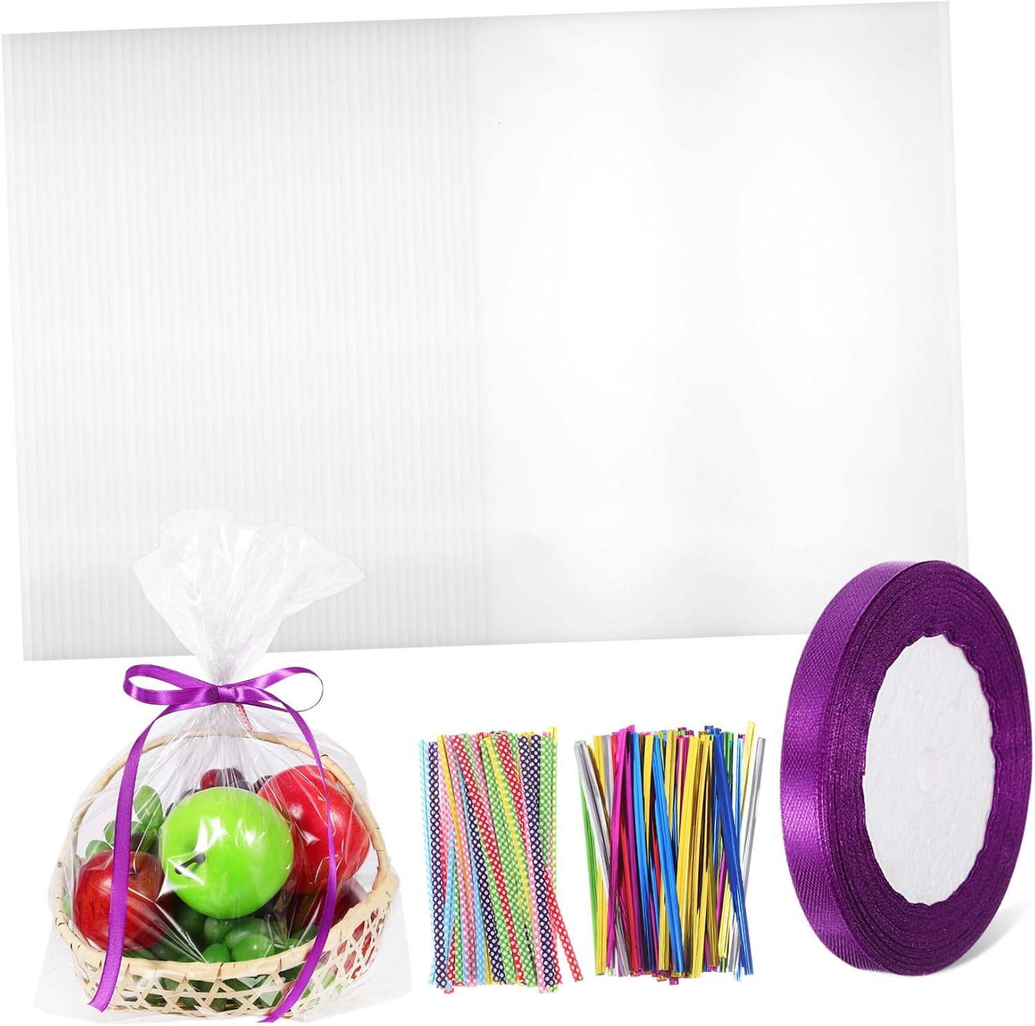ORFOFE 100Pcs Transparent Cellophane Basket Bags for Cookies Candy Dessert Snacks Food-grade Tear-resistant Packaging with Twist Ties and Purple Ribbon Large Capacity Favor Bags for Party
