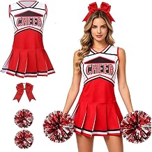 Womens Cheerleader Costume, Sleeveless Cheer Uniform with Pom Poms Cheerleading Outfit Halloween Team Performances