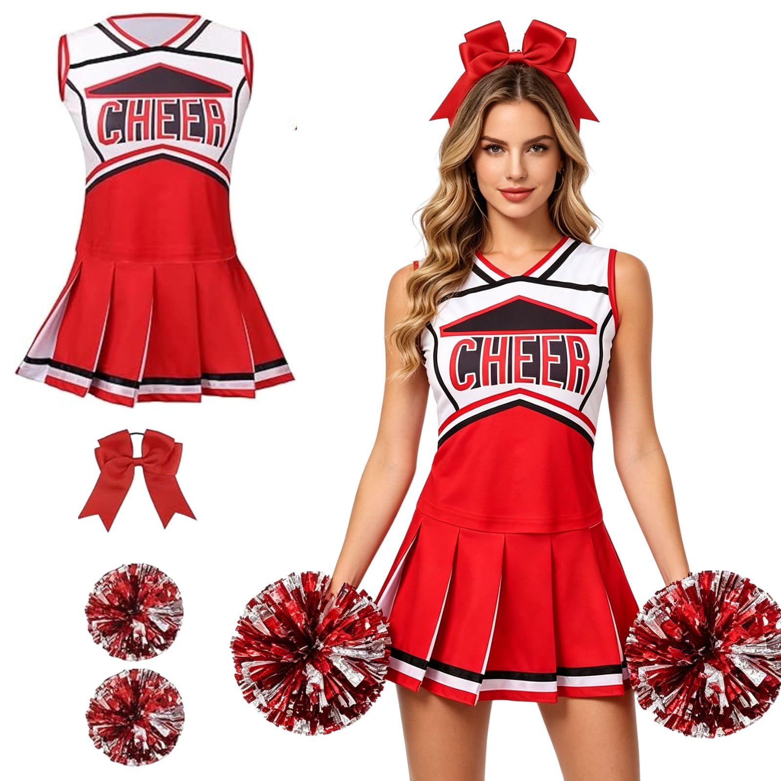 HAPNBCELE Womens Cheerleader Costume, Sleeveless Cheer Uniform with Pom Poms Cheerleading Outfit Halloween Sports Events (Red, L)
