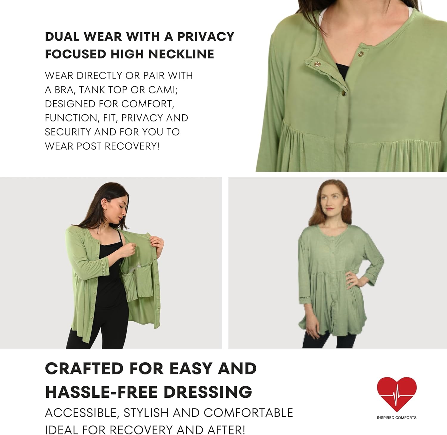 Inspired Comforts Women's Mastectomy Recovery Front Open Snap Shirt with Drain Pockets - Image 3