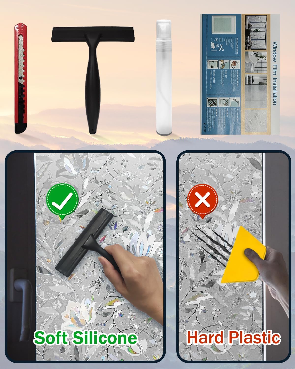 Frosted Tulip Patterned Window Privacy Film with Installation Tools, Stained Glass Decorative Film, Removable, Peep-Proof, Static Cling (35.4 x 157.5 Inch)