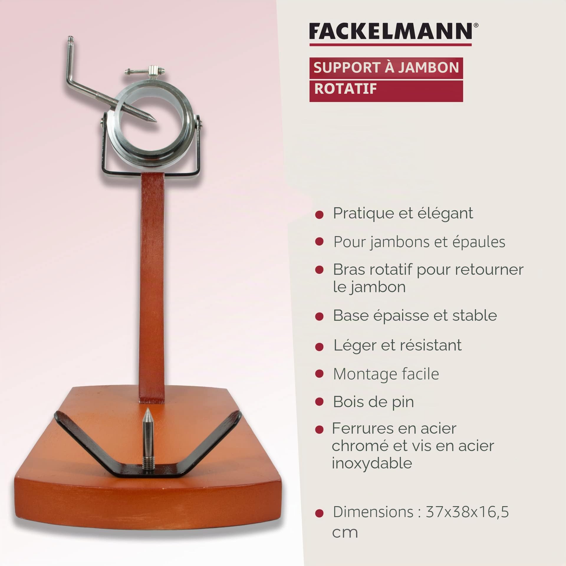 Fackelmann Support à Jambon Rotatif Professionnel pour Palette et Jambon, pin avec ferrures chromées, Couleur Bois Naturel, 36,5 x 16,5 x 37,5 cm, 1 unité