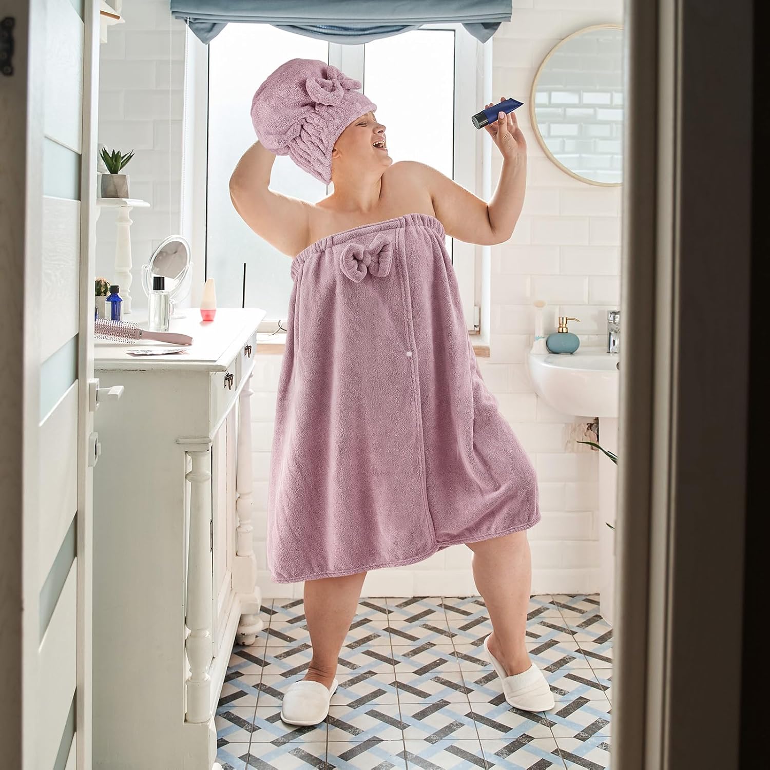 Xtinmee 2 Sets Plus Size Womens Wrap Towel with Hair Towel Bath Wrap Shower Dress Spa Bathrobe for Women's Bathrobe (Purple, Lotus Pink)