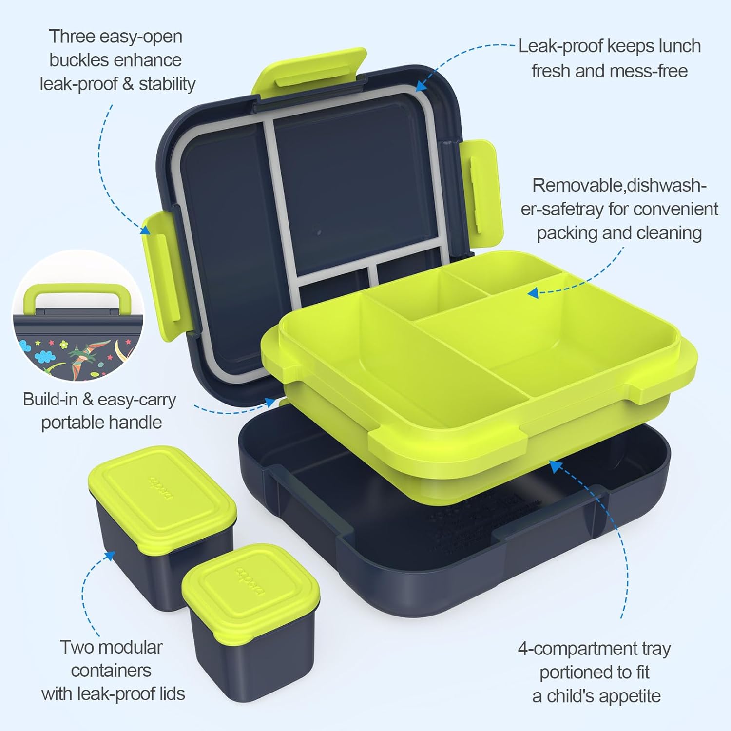 Caperci Bento Box for Kids - Leak-Proof Toddler Lunch Box Container with 2 Modular Containers & 4-Compartment, Hold 4.8 Cups, Portable Handle, BPA-Free, Microwave/Dishwasher Safe (Dinosaur) - Image 3