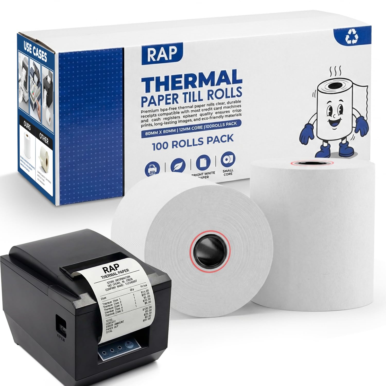 80x80mm Thermal Paper Rolls – Premium BPA-Free Receipts, 100 Rolls Case Pack Till Rolls Set, Long-Lasting POS Printer Paper, Compatible with POS Thermal Printers, Pack of 100 Rolls Case.