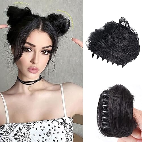 2 piezas de extensiones de cabello con clip de pinza en moño desordenado con orejas de gato, extensiones de pelo sintético falso, moños espaciales,
