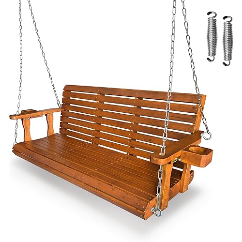 Wooden Porch Swing 3-Seater, High Backrest and Deep Seat, Bench Swing with Cupholders, Hanging Chains and 7mm Springs, Heavy Duty 880 LBS, for Outdoor Patio Garden (Cedar Tone, 5 FT Extra Large)