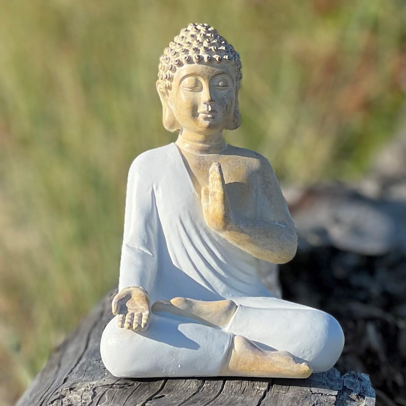 WHW Whole House Worlds Coastal Buddha Figurine, Beige with White Drapery, Teaching Pose, Hand Cast Resin, 7.75 Inches Tall, Water Resistant