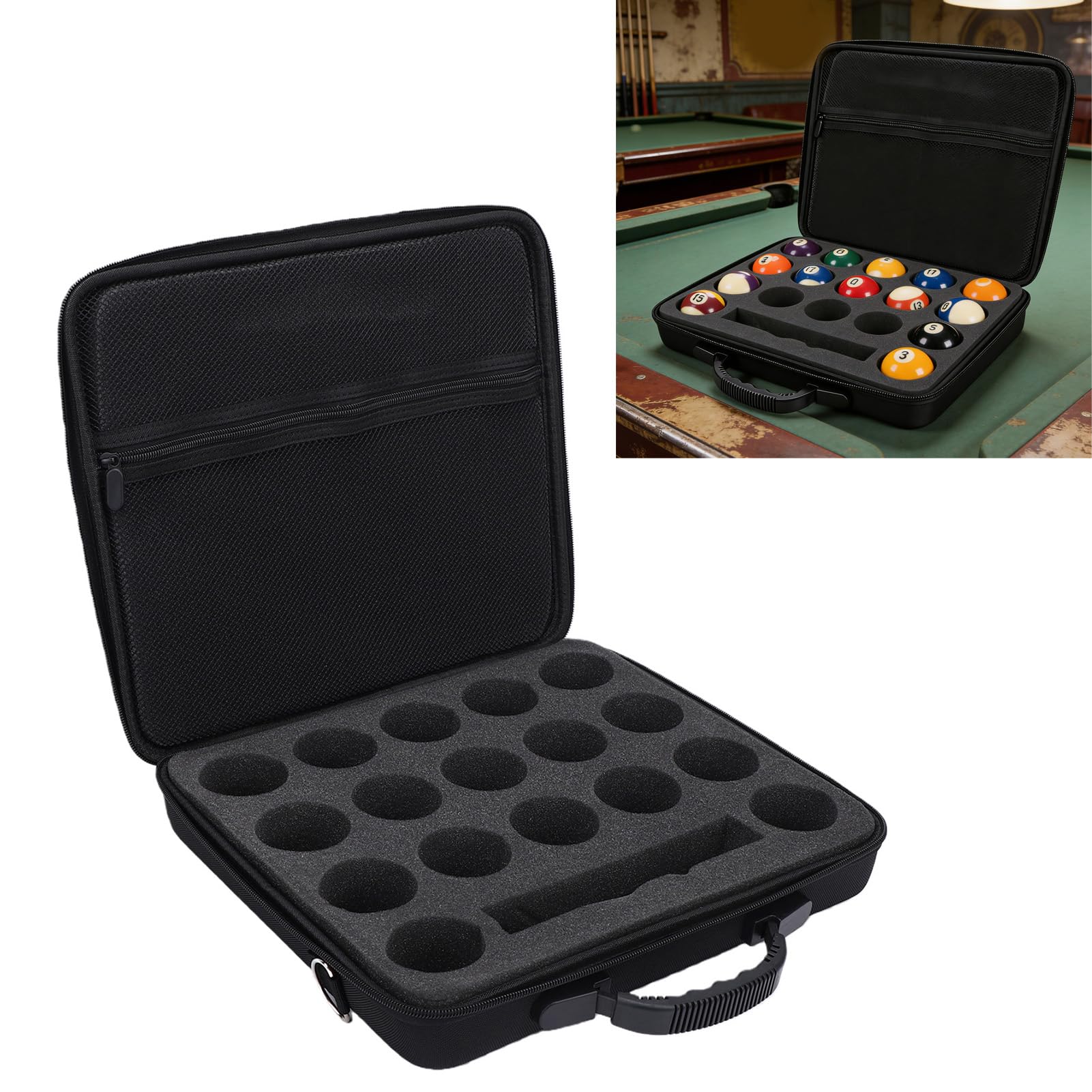 lyrlody Billardball-Koffer, PVC-Poolball-Koffer für 17 Bälle mit Griff und Verstellbarem Schultergurt, Schaumstoffschlitzen und Netztasche für die Aufbewahrung von Clubspielern zu Hause