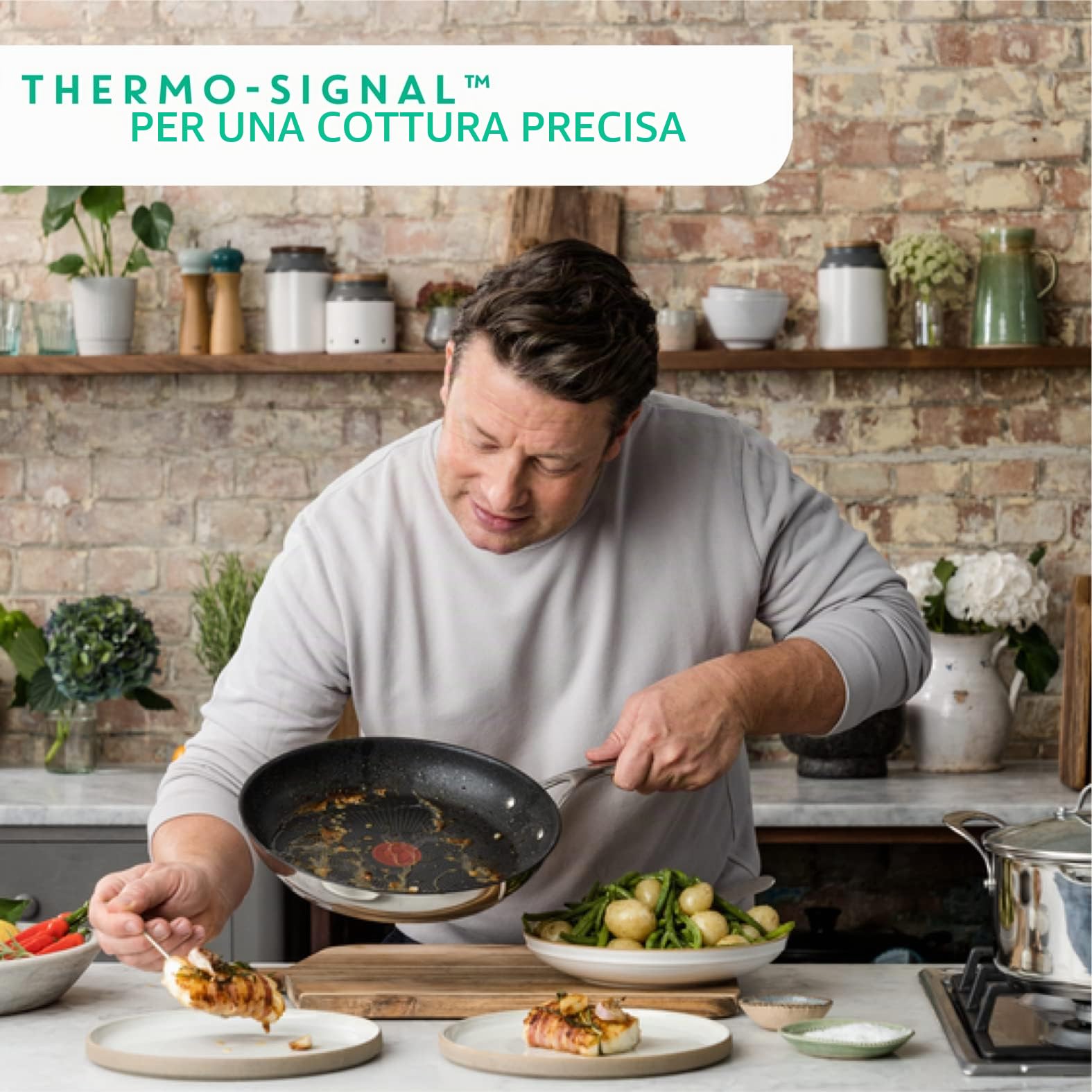 Tefal Jamie Oliver - Set di 3 padelle da 20/24/28 cm, antiaderenti, rivestimento in titanio, senza PFOA, lavabile in lavastoviglie e forno, in acciaio inox