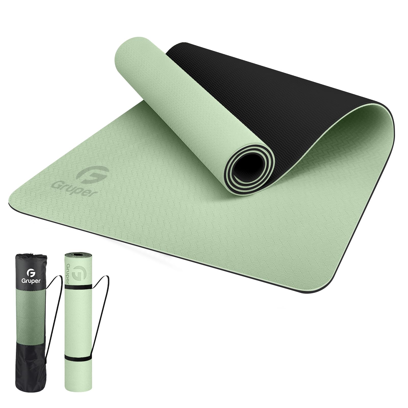 Gruper Yoga Mat Non Slip Thick 1/3'', Eco Friendly Fitness Exercise Mat with Carrying Strap, Pro Yoga Mats for Women, Workout Mats for Home, Pilates and Floor Exercises (Black/Matcha Green)