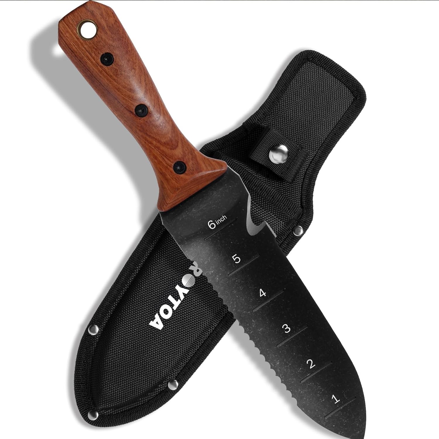 ROYTOA Hori Hori Garden Knife, Garden Tools with Sheath for Weeding,Planting,Digging, 7" Stainless Steel Blade with Cutting Edge, Full-Tang Walnut Wood Handle with Hanging Hole