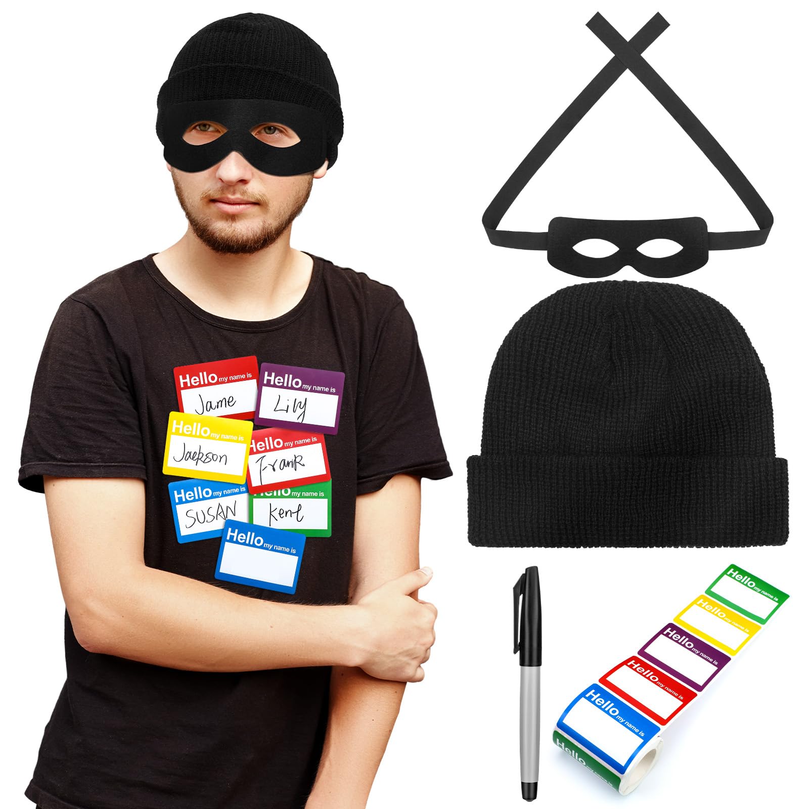 Toulite 4 Pcs Identity Thief Costume Include Thief Name Tags Stickers Writing Pen Robber Eye Mask Thief Beanie for Halloween Funny Cosplay Theme Party Supplies