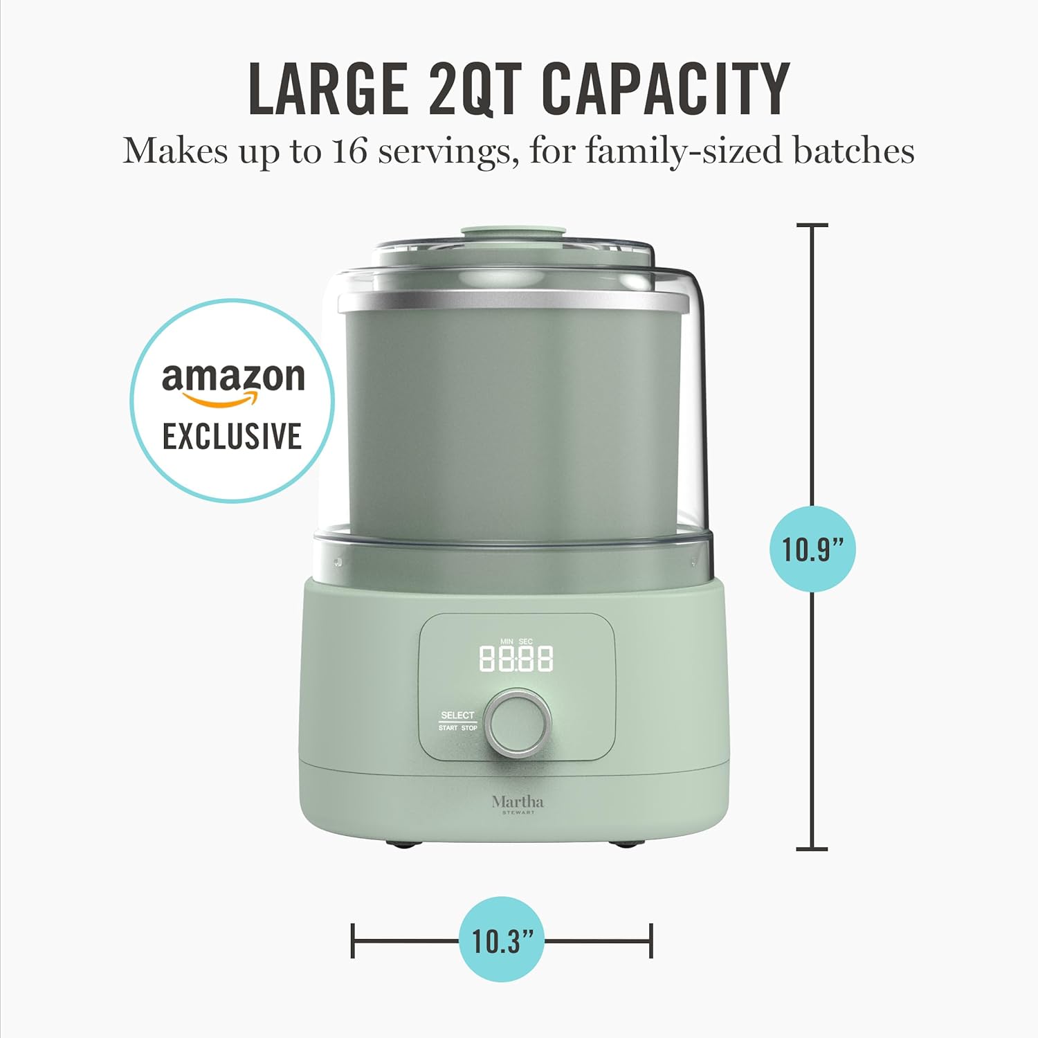 Martha Stewart Ice Cream Maker, 2 Quart Double-Insulated Freezer Bowl, Sorbet & Frozen Yogurt, Ready in 20 Minutes, Mix-Ins Chute, Easy to Clean, Honeydew Green