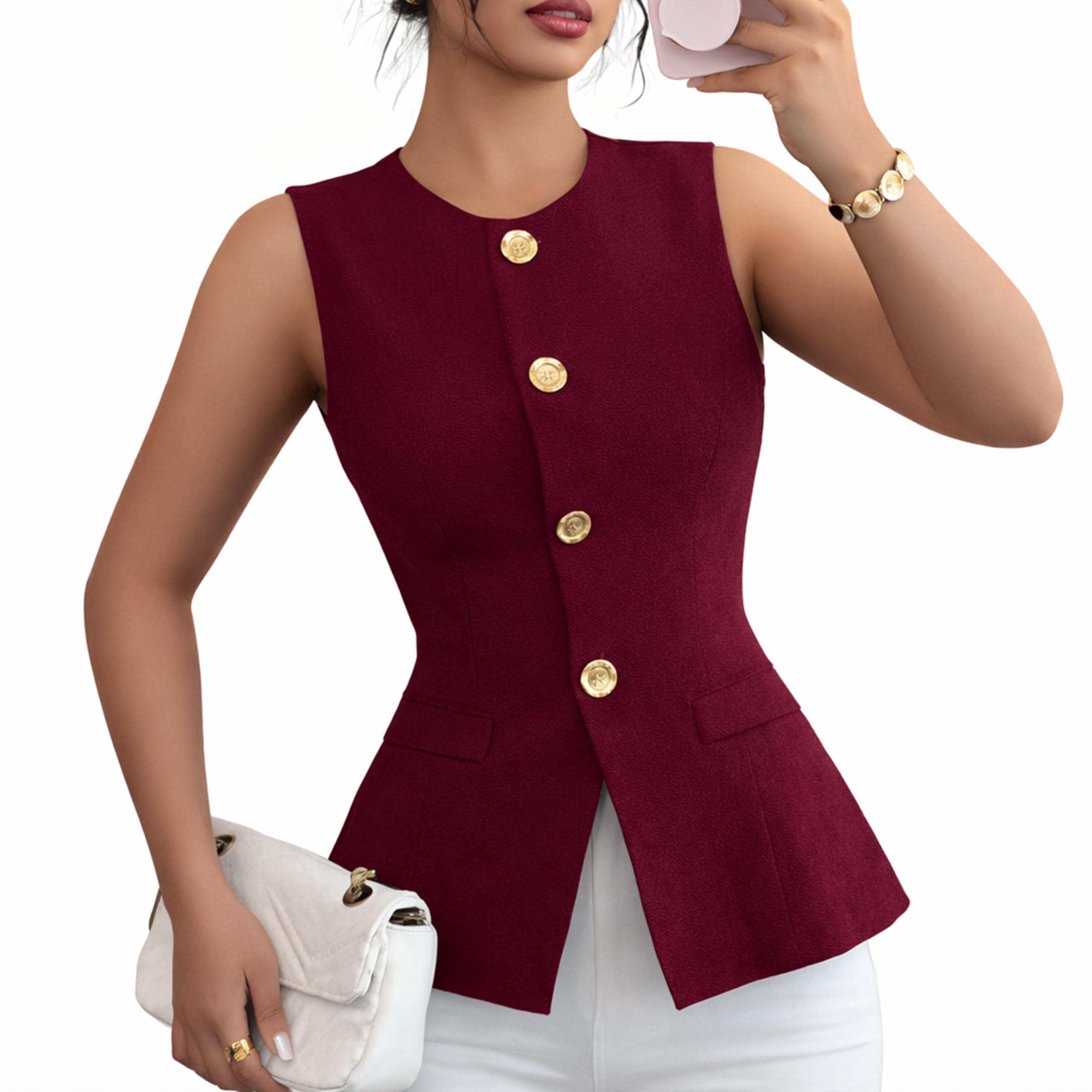 – Women’s Sleeveless Blazer Vest Top with Gold Button Front, Crew Neck Office Suit, Elegant Fitted Button-Up Design, Casual, Party and Formal Looks.