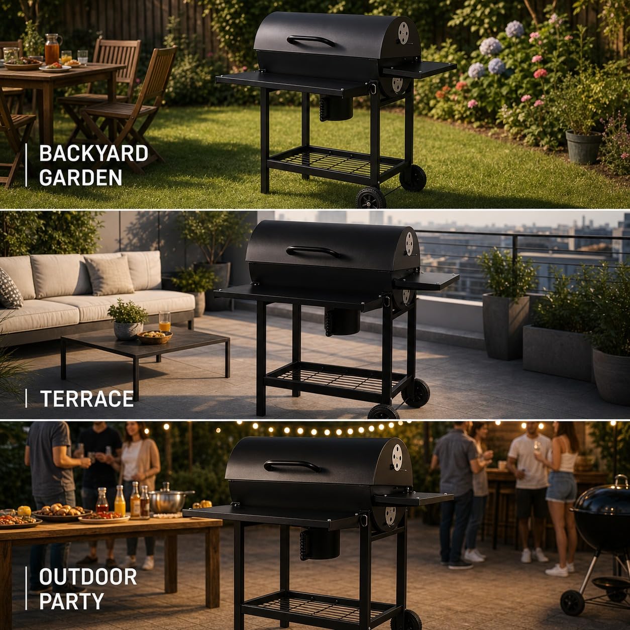 Profi Smoker Grill Holzkohle Grillwagen XL 103x110x59 cm, schwarzer BBQ Standgrill aus Stahl mit Deckel, Grillrost, Warmhalterost, Aschebehälter, Ablagen, Luftregulierung & Rädern für Garten Party