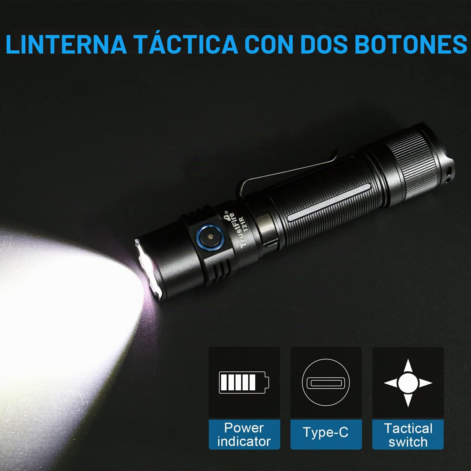 TrustFire T21R LED Linterna 2600 Lúmenes, Linterna Táctica Militar Caza Profesional Super Brillante Potente con Batería y USB Tipo-C Recargable - 4 Modos con 1 Modo Estroboscópico