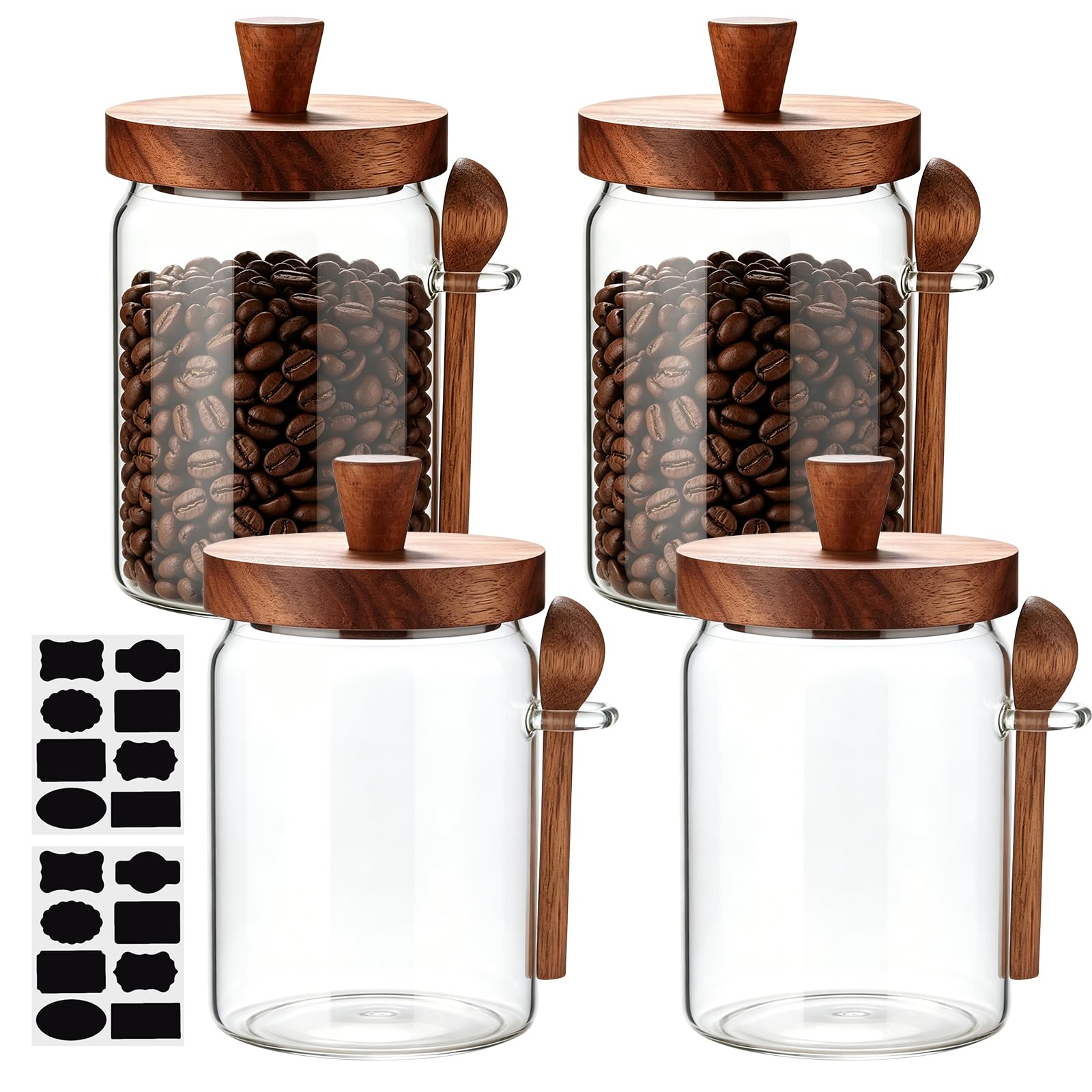 4 Stk. Glas-Kaffeebehälter mit Löffel und Etiketten, 600 ml Borosilikat-Gläser mit luftdichtem Silikonring und Holzdeckel, Vorratsglas für Zucker, Tee, Bohnen, Snacks, 8,9 x 16 cm