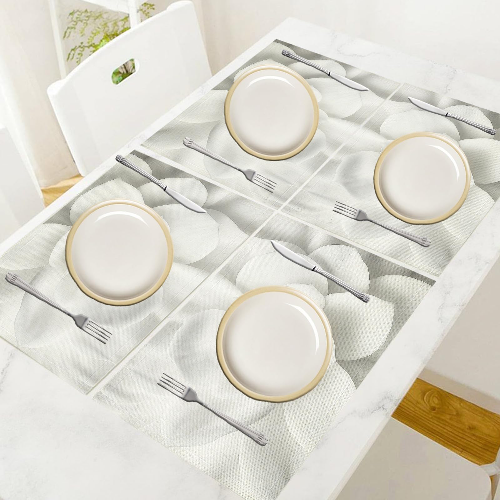 Set di 8 Tovagliette Americane Lavabili Cotone Lino Astratto - Tovaglietta Americana Resistenti al Calore Durevole Fiori bianchi - per Colazione Pranzo 30×45 cm