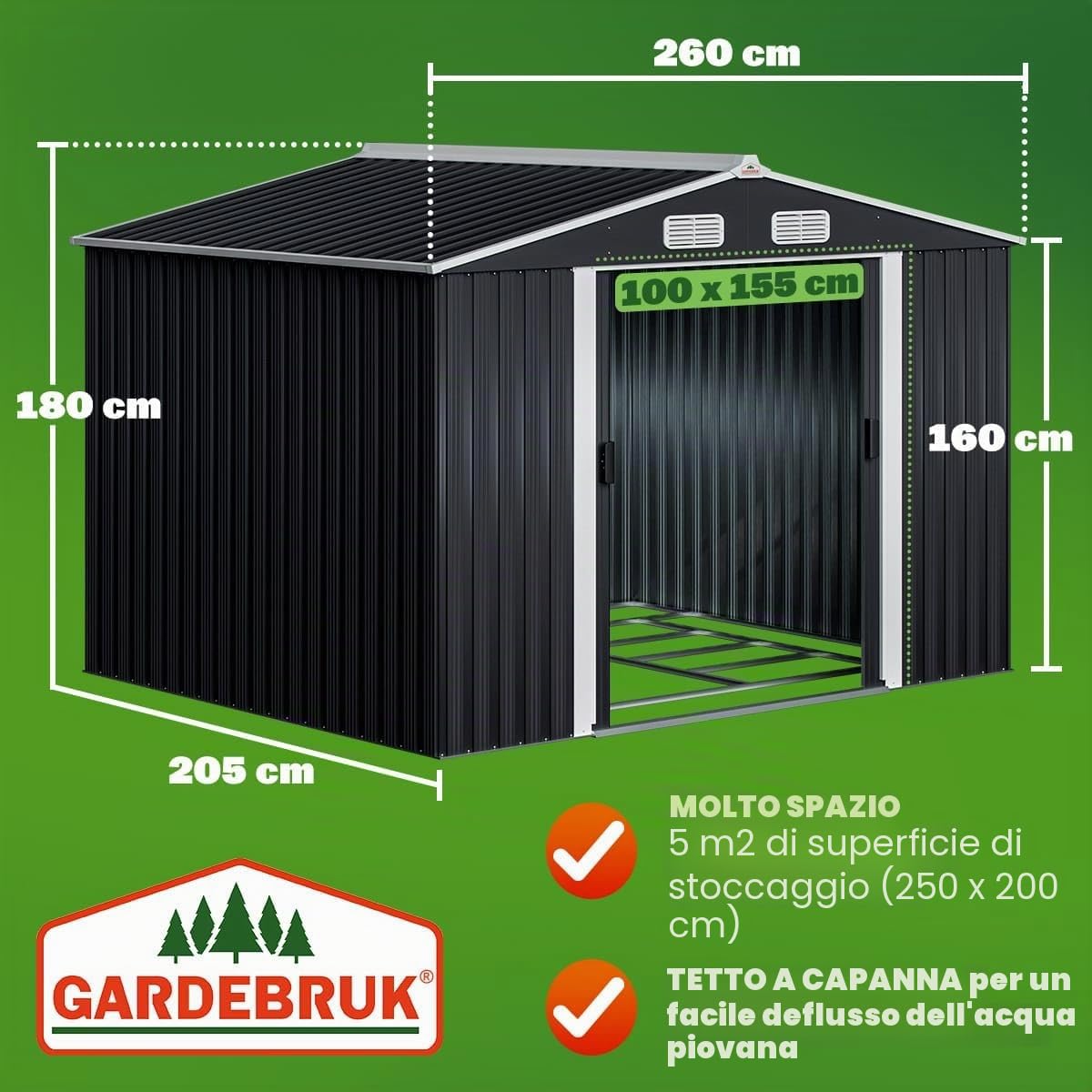 GARDEBRUK® Casetta per Attrezzi da Giardino XXL in Metallo 5m² con Base 257x205x178cm Porta Scorrevole Capanno Antracite con Tetto Prese d´Aria Capannone Rimessa da Esterno 9m³