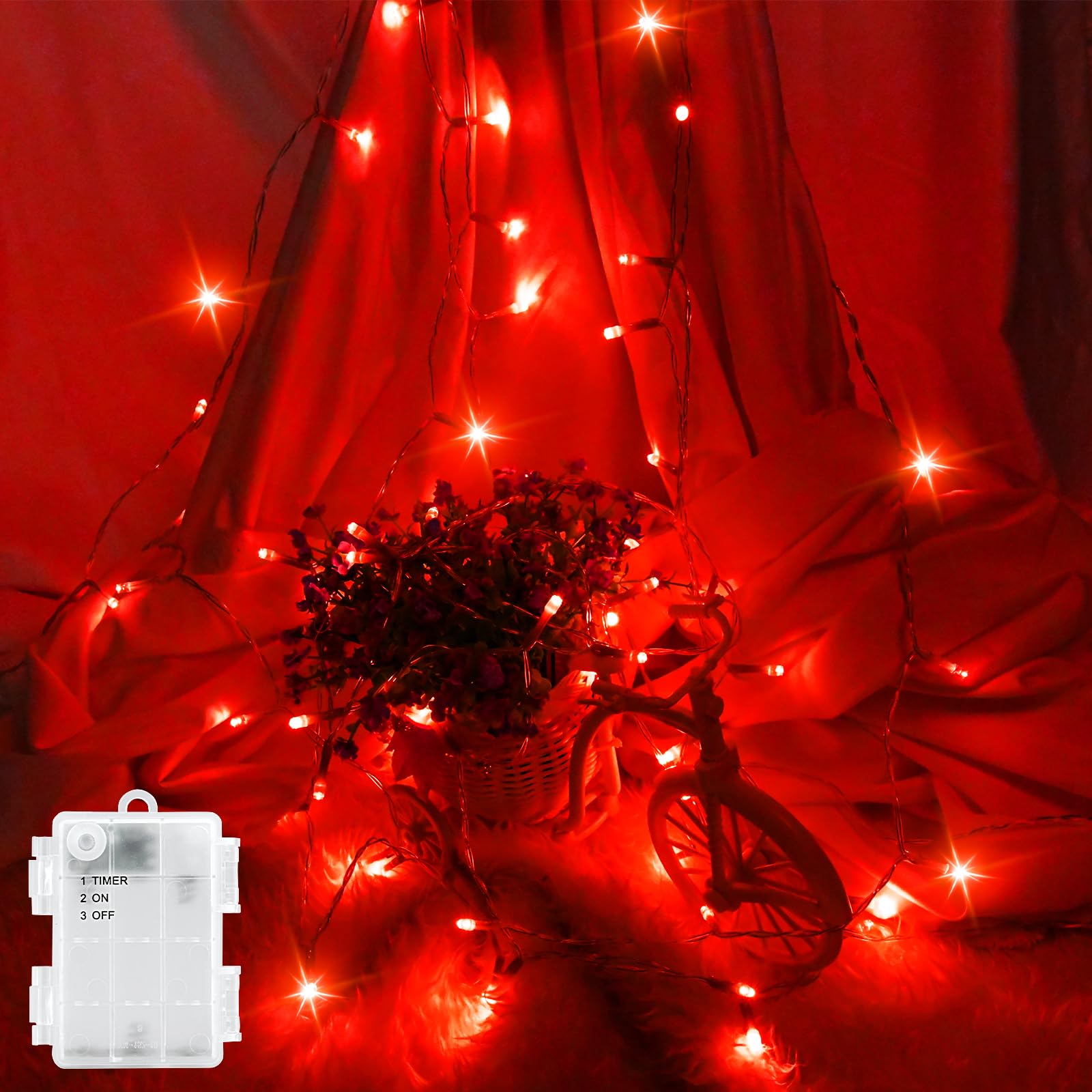 Guirlande lumineuse LED d'extérieur avec batterie étanche 3 m - Minuterie pour balcon, fenêtre, porte, murs, chambre d'enfant, chambre à coucher, Halloween, Noël, mariages, rouge